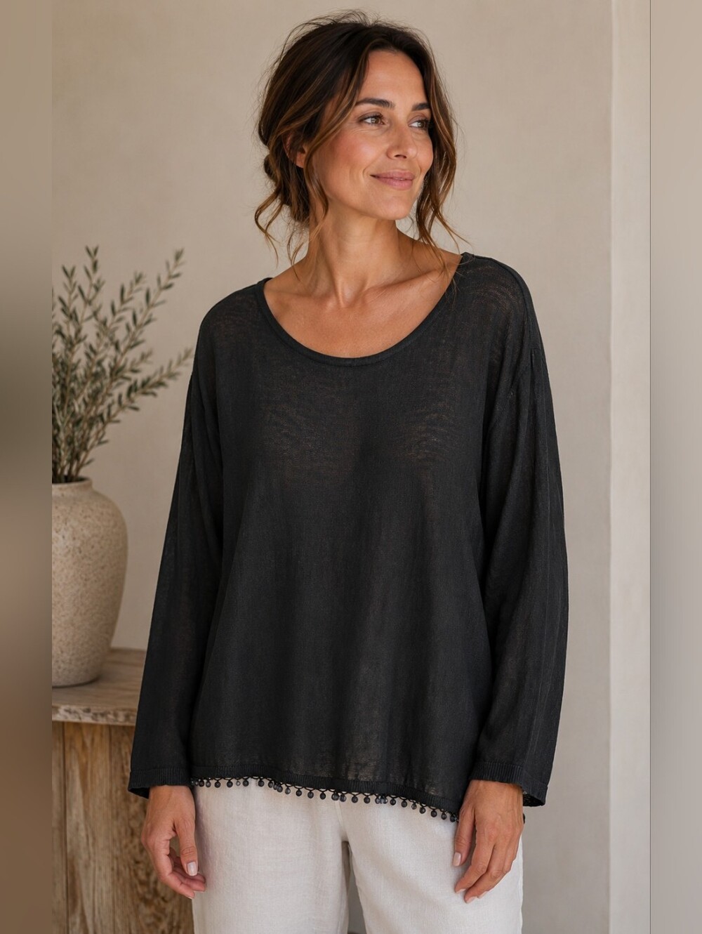 Lisa Todd 100% Linen Black Lightweight Long Sleeve Sweater Top